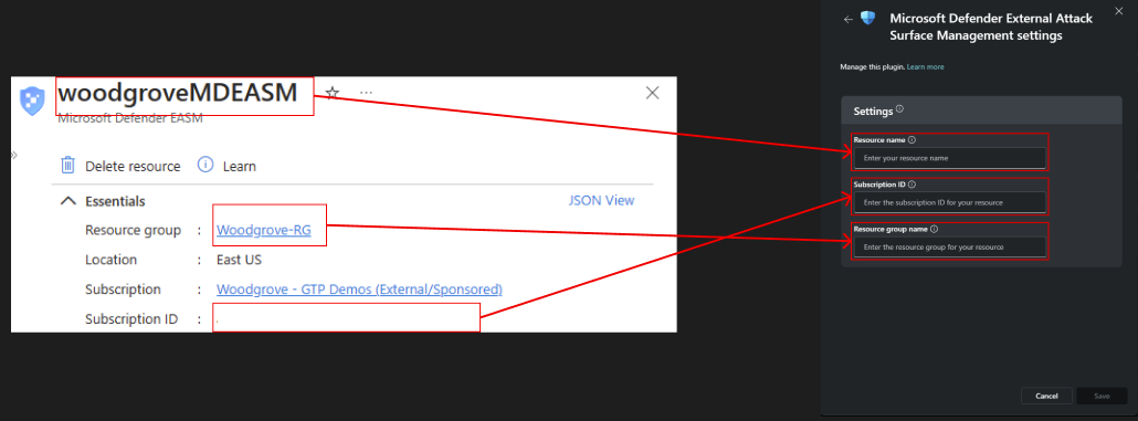 Screenshot of the Defender EASM fields that must be configured in Security Copilot.