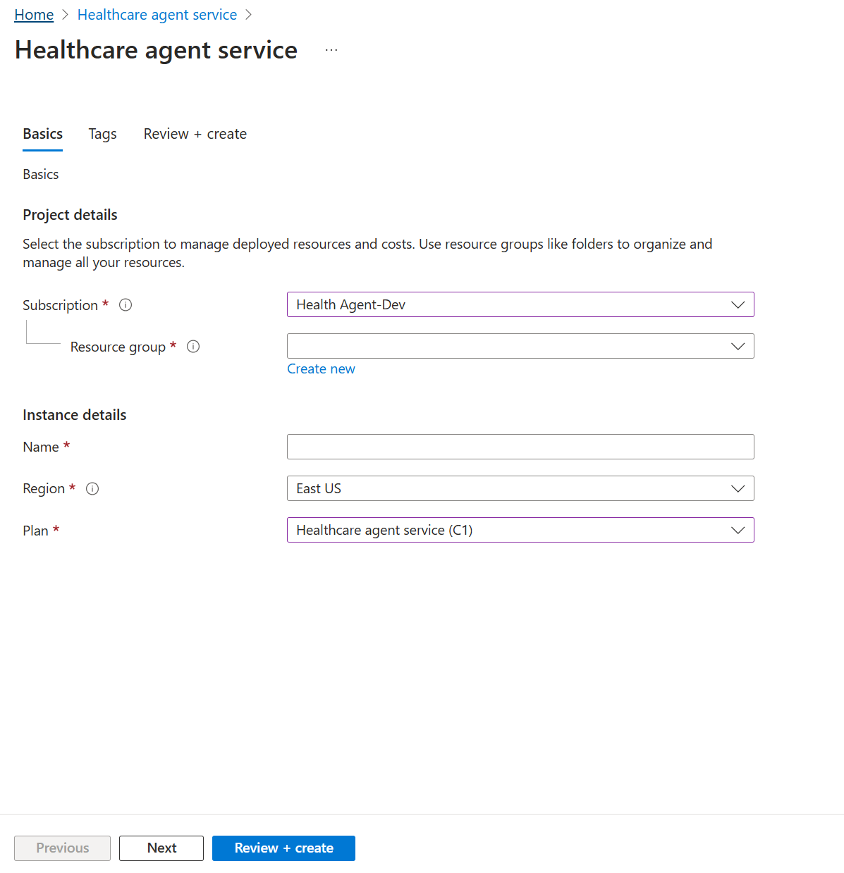 A screenshot of Azure Creating a new Azure Health Bot instance