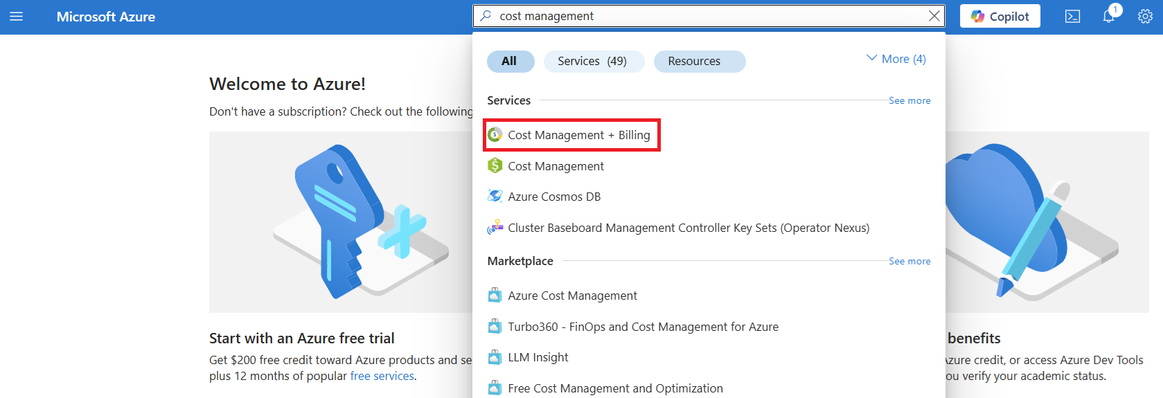 Screenshot that shows an Azure portal search for Cost Management + Billing.