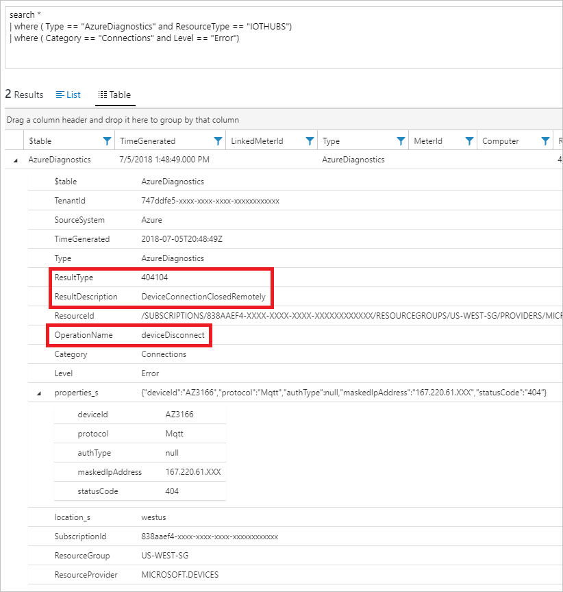 Example of error log