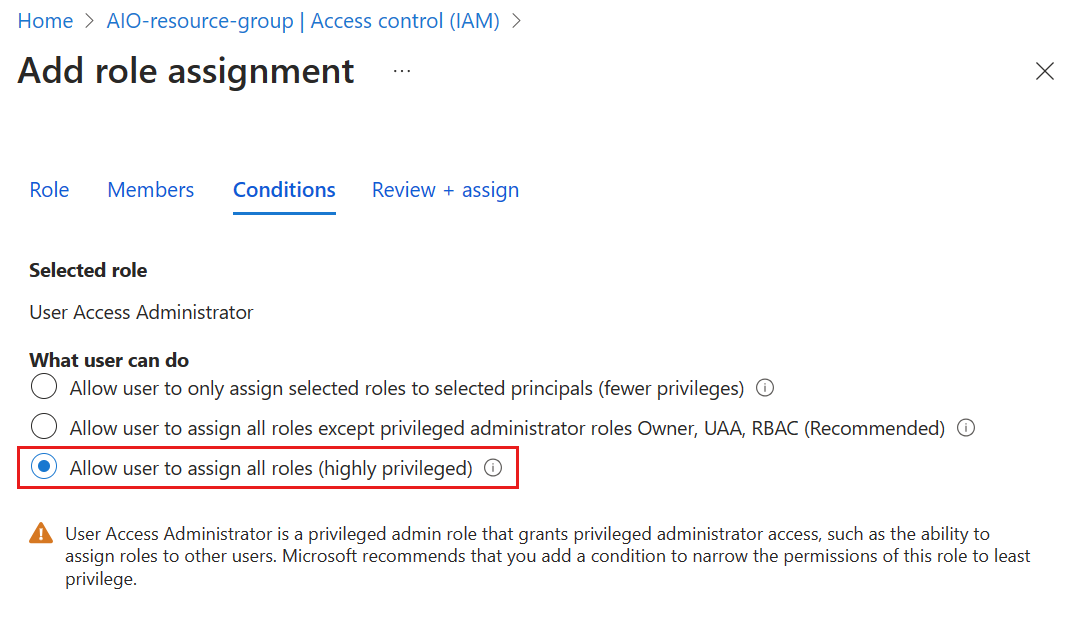 Screenshot that shows assigning users highly privileged role access in the Azure portal.