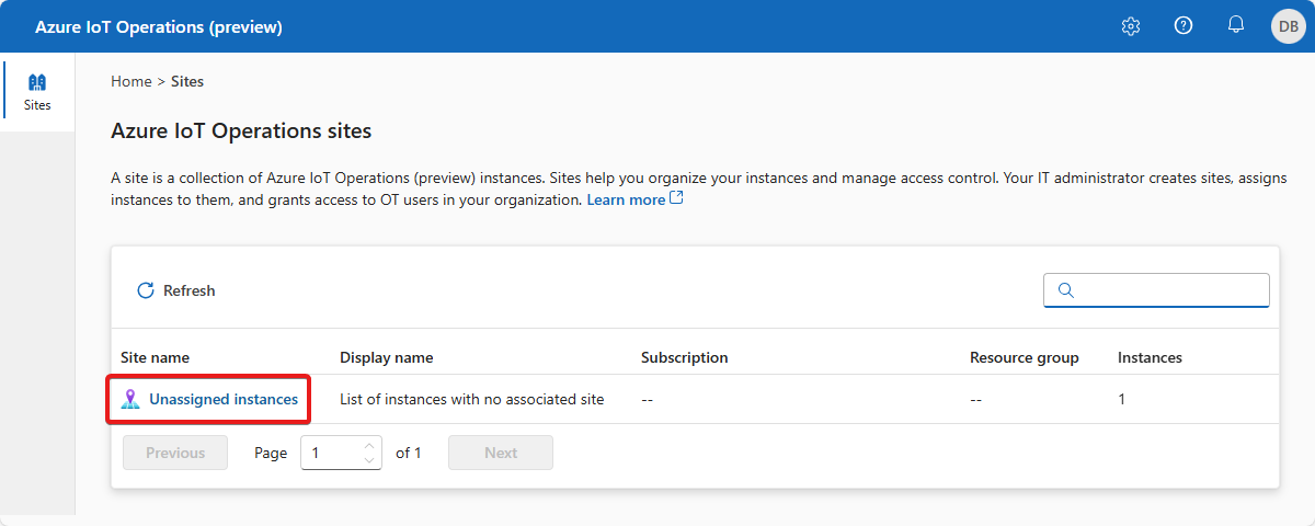 Screenshot that shows the unassigned instances node in the Azure IoT Operations (preview) portal.