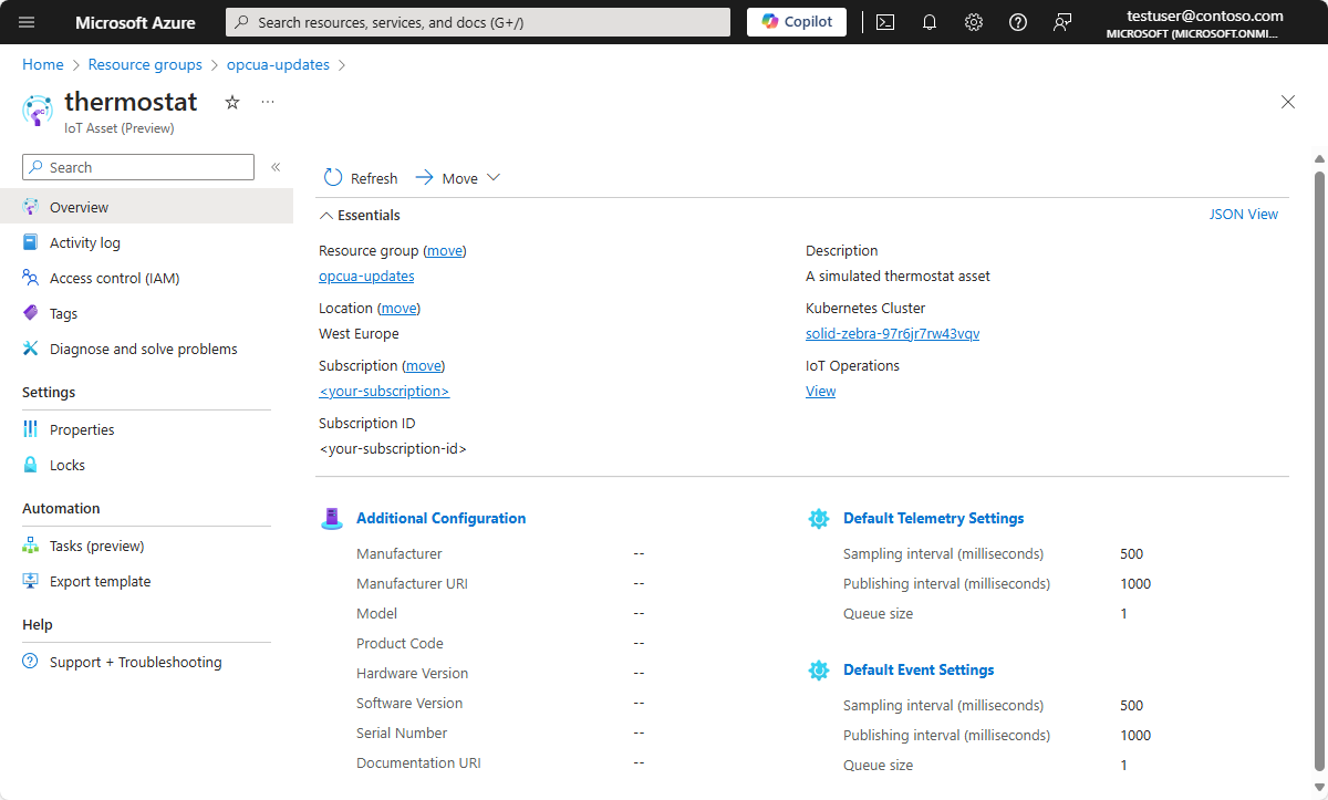 A screenshot that shows the thermostat asset in the Azure portal.