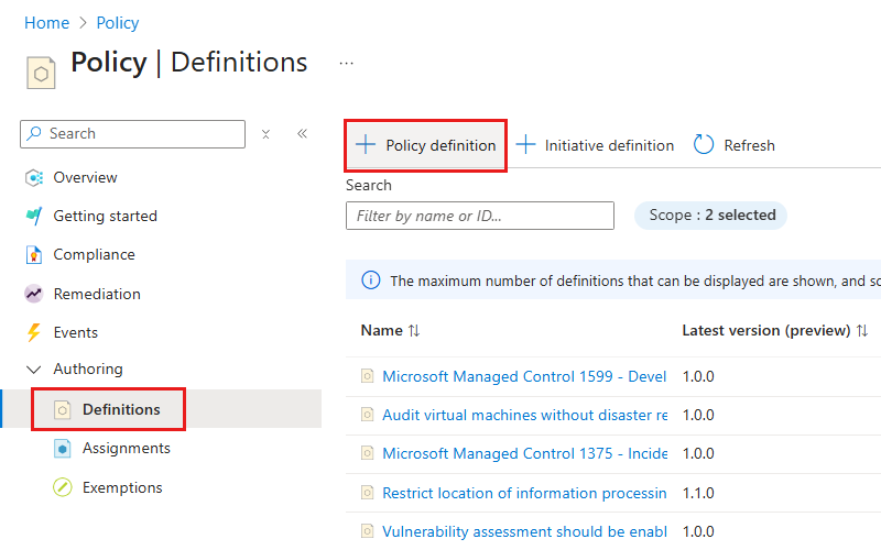 Screenshot showing the "Definitions" pane toolbar with "Policy definition" selected.
