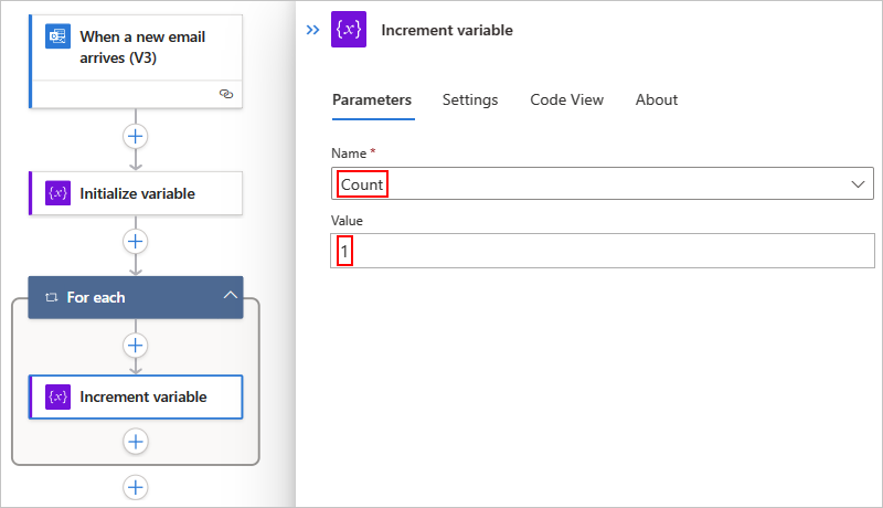 Screenshot shows Standard workflow with selected variable named Count.