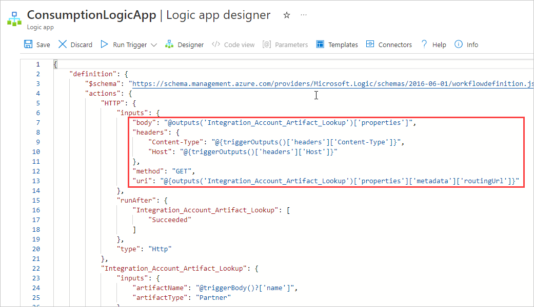 Screenshot of the HTTP action's JSON definition with the 'body', 'headers', 'method', and 'URI' properties highlighted.