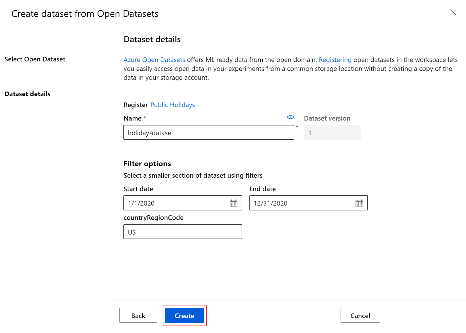 Set dataset params and create dataset