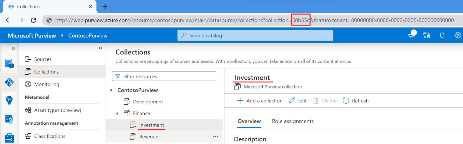 A screenshot that emphasizes the collection ID in the Purview collection URL.