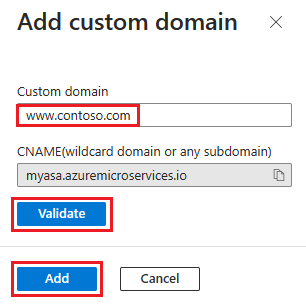 Screenshot of the Azure portal Add custom domain dialog box.