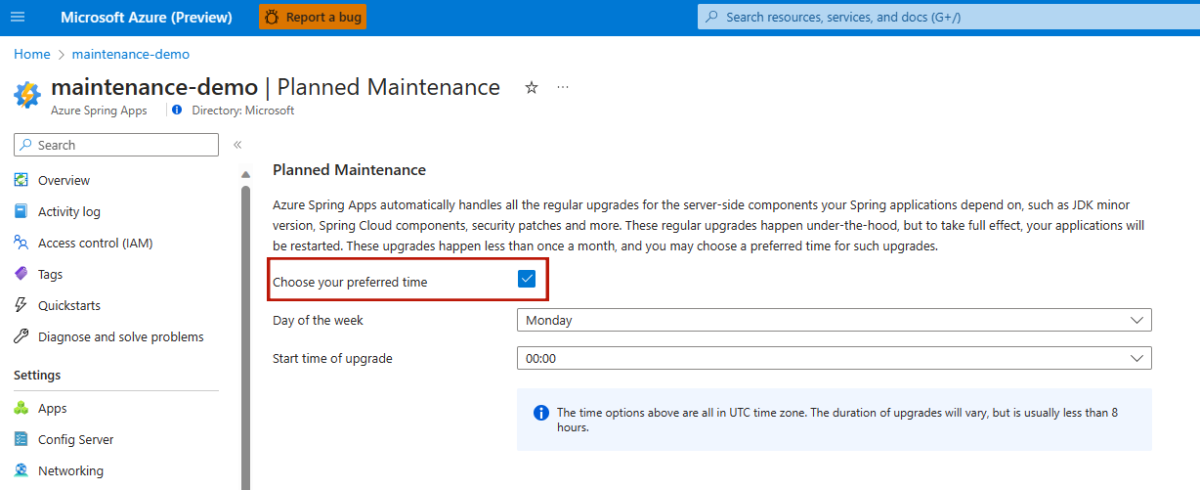 Screenshot of the Azure portal that shows the Planned maintenance page with the Choose your preferred time checkbox highlighted.