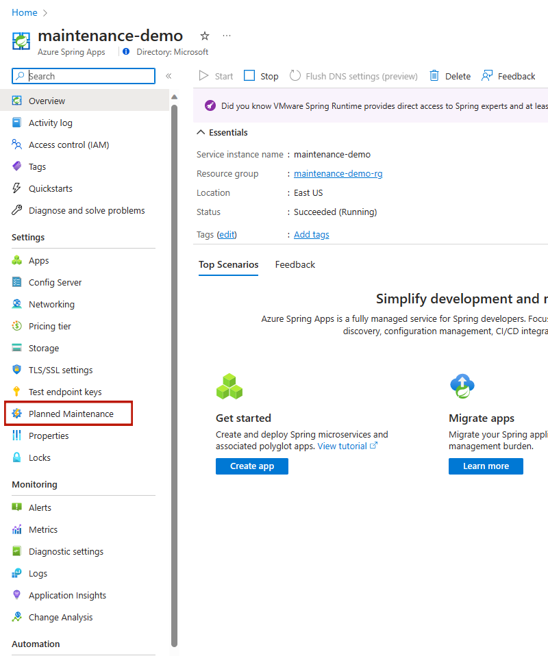 Screenshot of Azure portal that shows the Azure Spring Apps sidebar with Planned Maintenance highlighted.