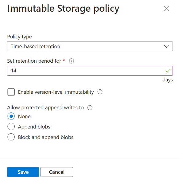 Screenshot showing how to configure immutability policy scoped to container