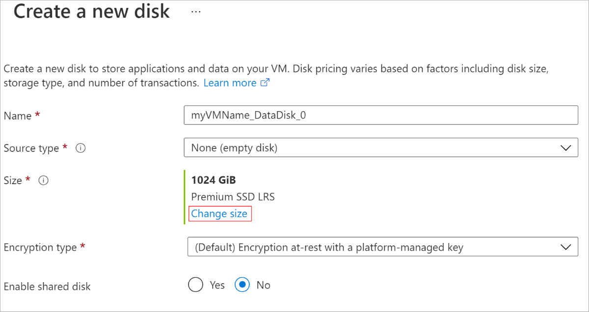 Screenshot of create a new disk blade, change size highlighted.