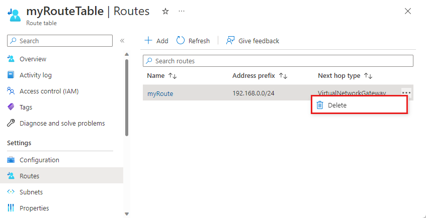 Screenshot of the delete button for a route from a route table.