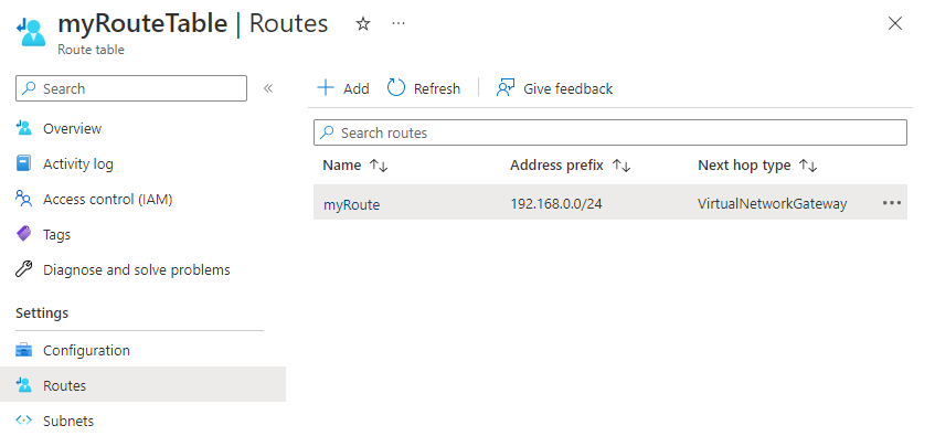 Screenshot of the routes in a route table.