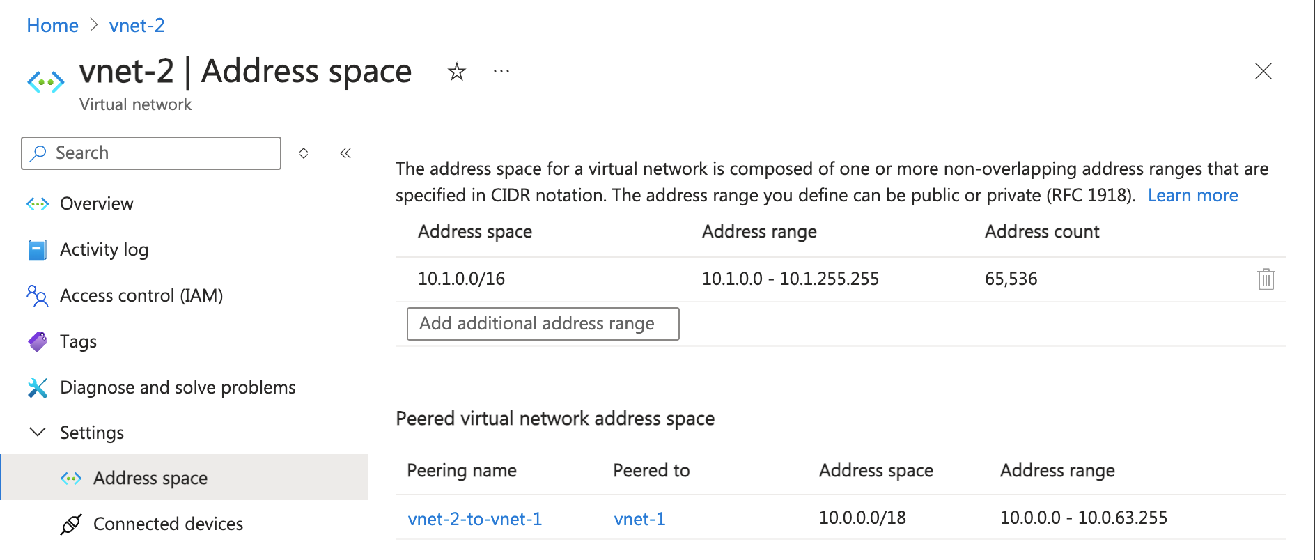Screenshot of the Address Space page where you verify the address space has changed.
