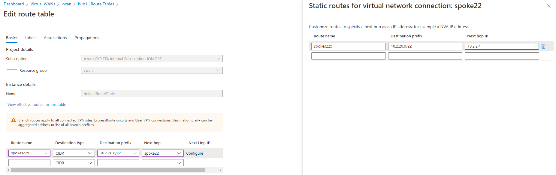 Screenshot that shows how to add a static route to a Virtual WAN hub.