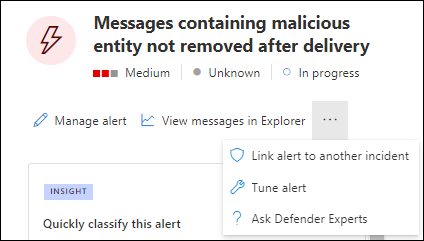 Screenshot of the available actions in the alert details flyout of an alert with the Detections source value MDO from the Alerts page in the Defender portal.