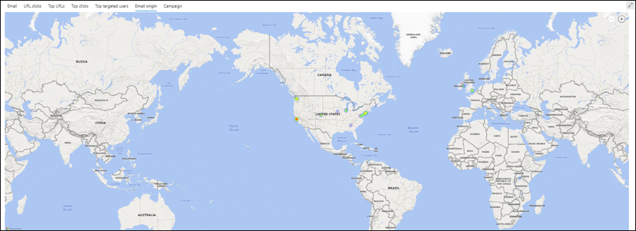 Screenshot of the world map in the Email origin view in the details area of the All email view in Threat Explorer.