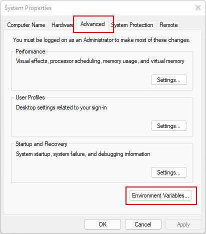 The Windows system properties panel open.