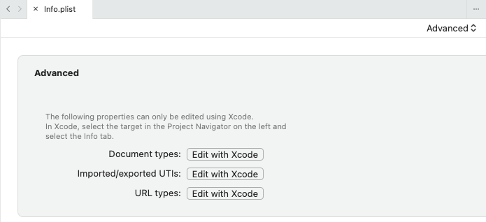 Screenshot of advanced view in Visual Studio for Mac Info.plist editor.