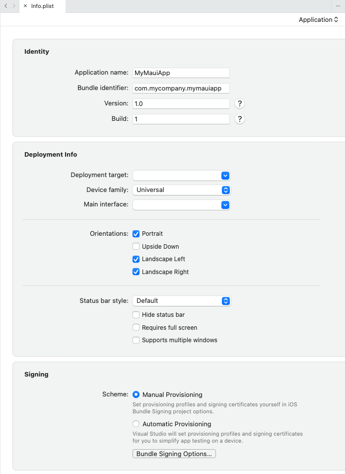 Screenshot of application view in Visual Studio for Mac Info.plist editor.