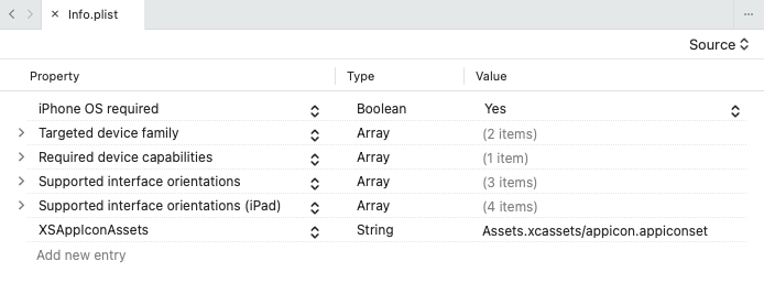 Screenshot of source view in Visual Studio for Mac Info.plist editor.