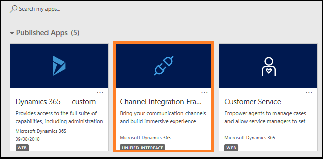 URL οργανισμού Dynamics 365 και εφαρμογές για μετάβαση στο Πλαίσιο ενοποίησης καναλιών.