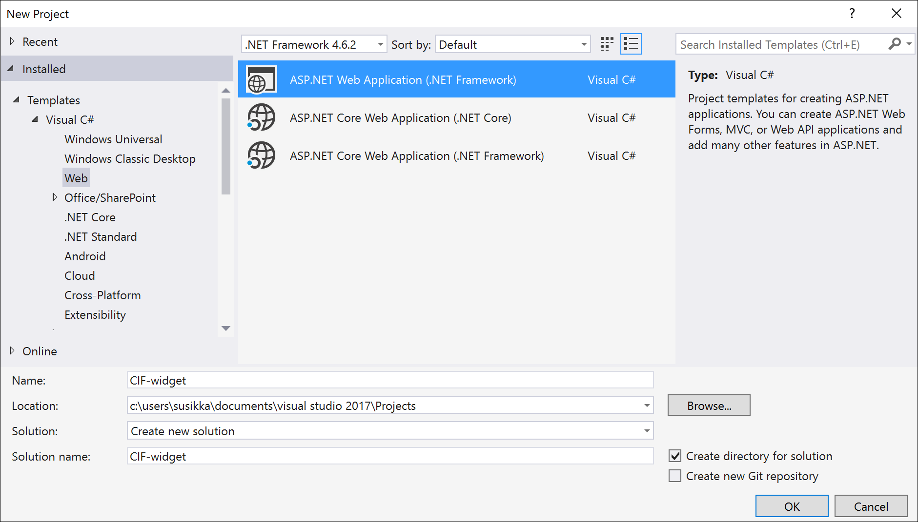 Επιλέξτε εφαρμογή web ASP.NET (.NET Framework).