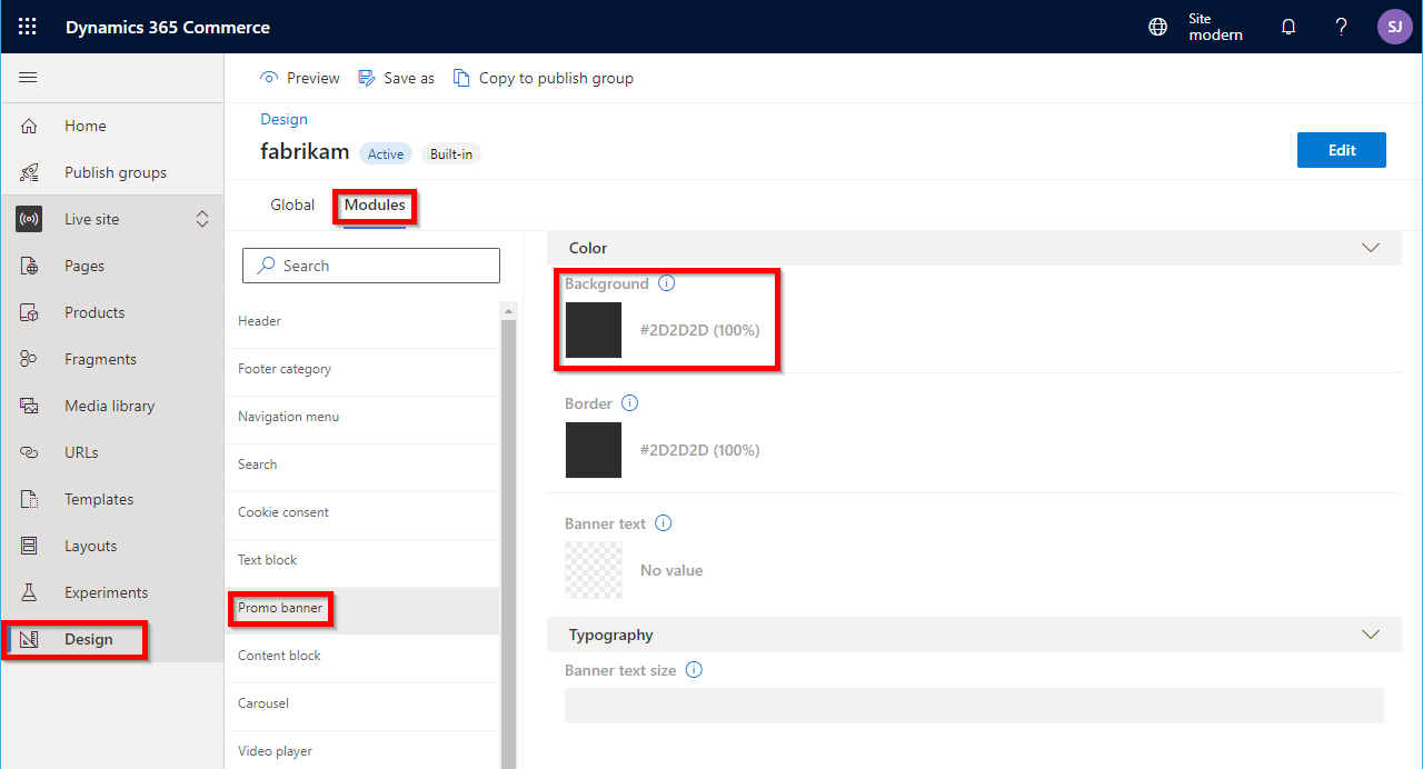 Screenshot of style presets available for the promo banner module.