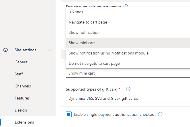 Screenshot of Add product to cart setting options in site builder.