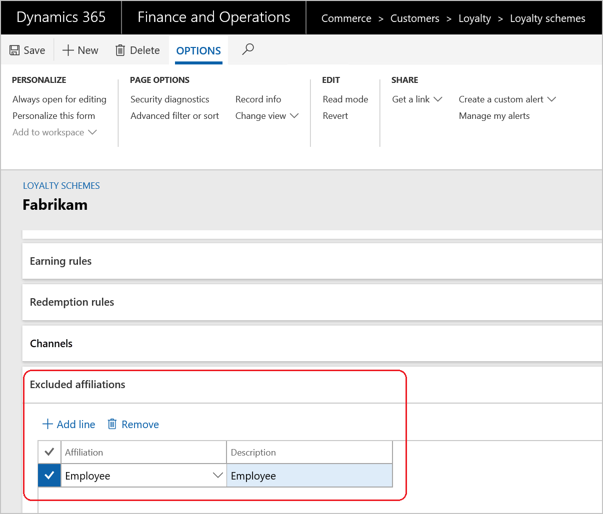 Screenshot of exclude affiliations from earning loyalty points.