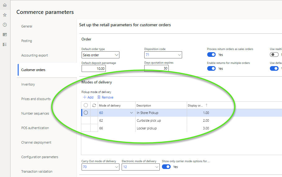 Screenshot of pickup delivery modes on the Commerce parameters page.