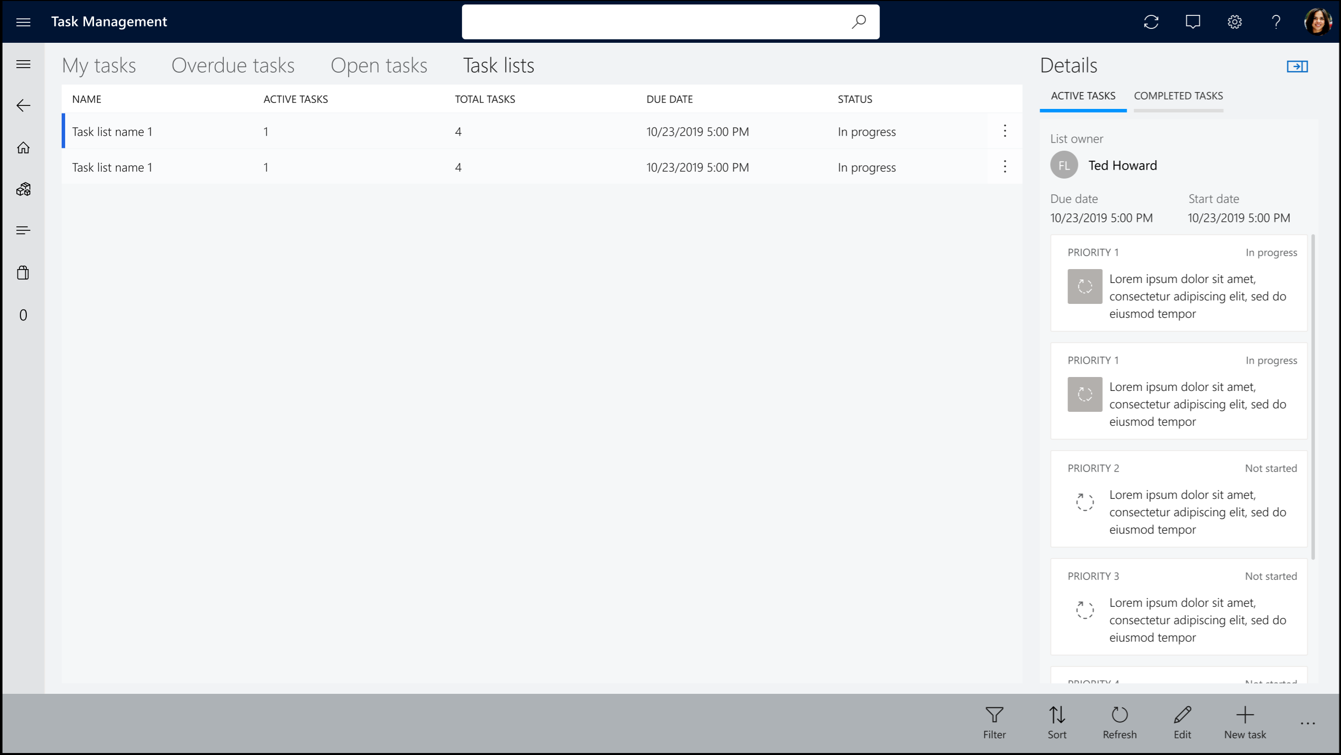 Screenshot of the Task lists tab in the Commerce POS application.