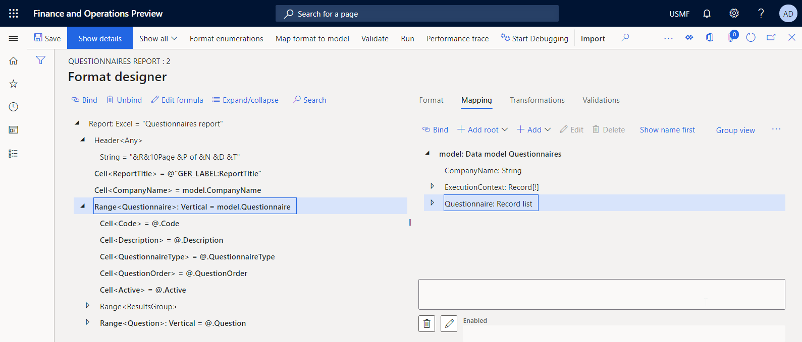Screenshot of binding the Questionnaire range format element to the appropriate Record list data sources in the ER Operation designer.