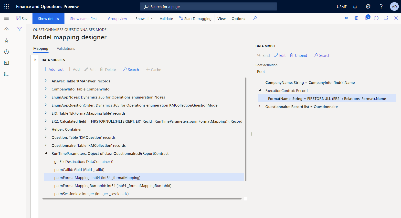 Screenshot of binding the data model field to the method of the added data source in the ER model mapping designer.