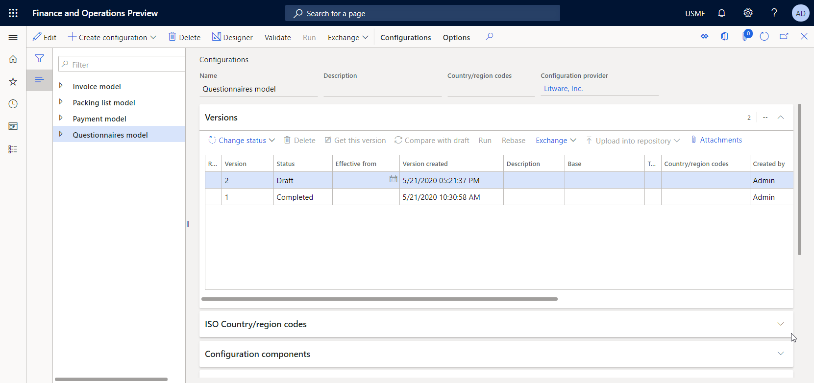 Screenshot of the versions of the editable configuration on the Configurations page.