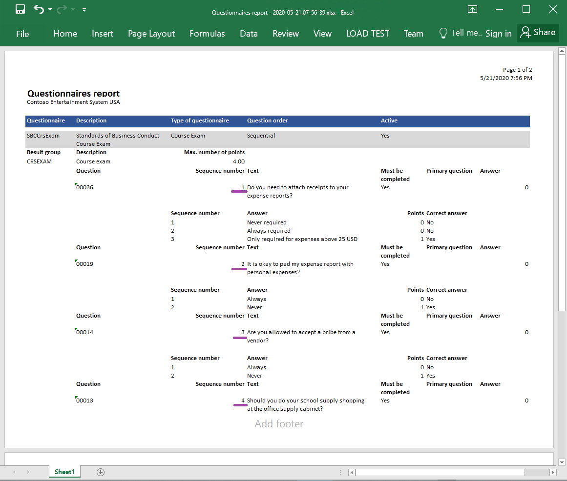 Screenshot of the generated report in Excel format that has correctly ordered questions.