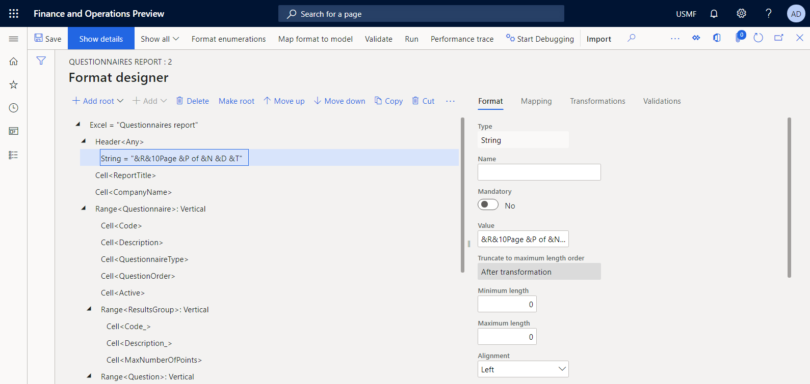 Screenshot of the format structure that includes automatically added elements in the ER Operation designer.