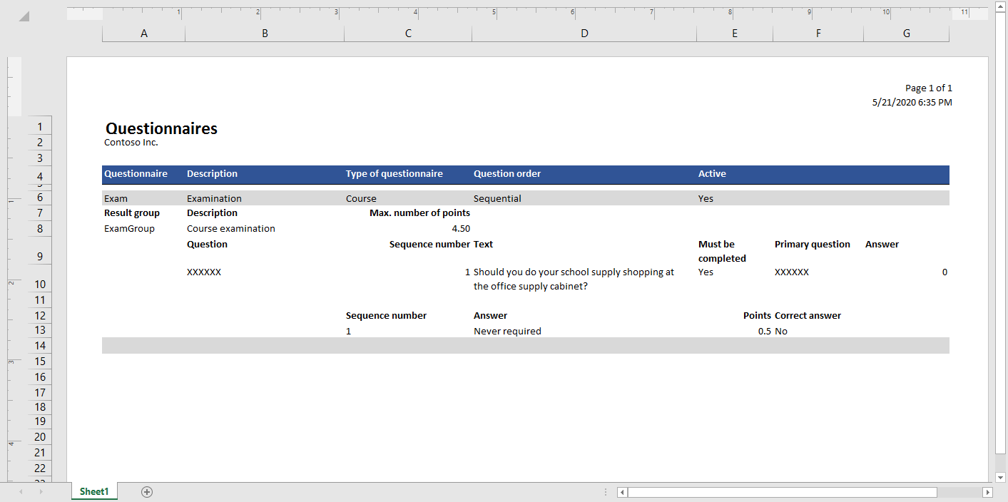 Screenshot of the Excel template to print specified questionnaires.