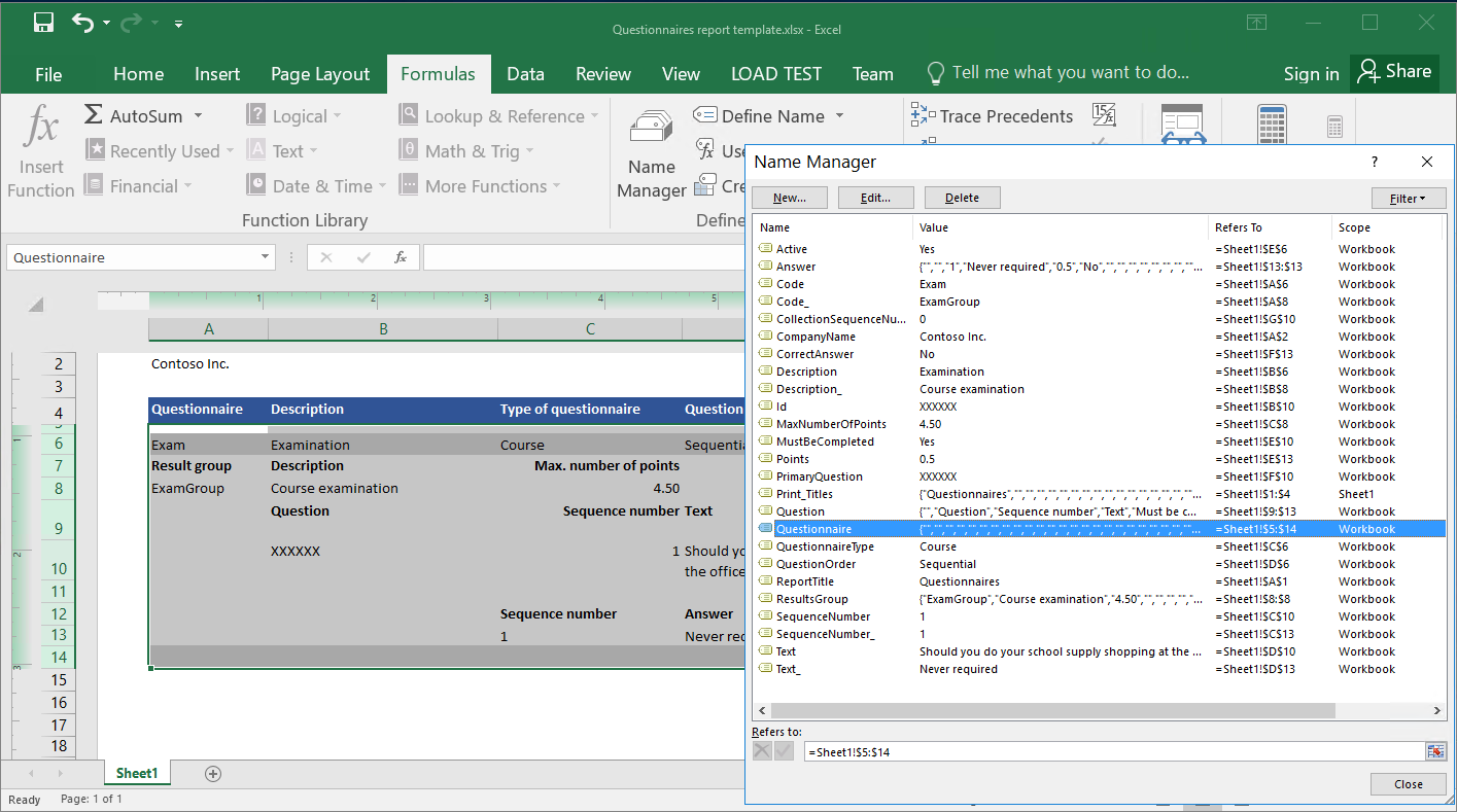 Screenshot of rows in the Excel template that will be repeated in a generated report for every record of the Record list data sources.