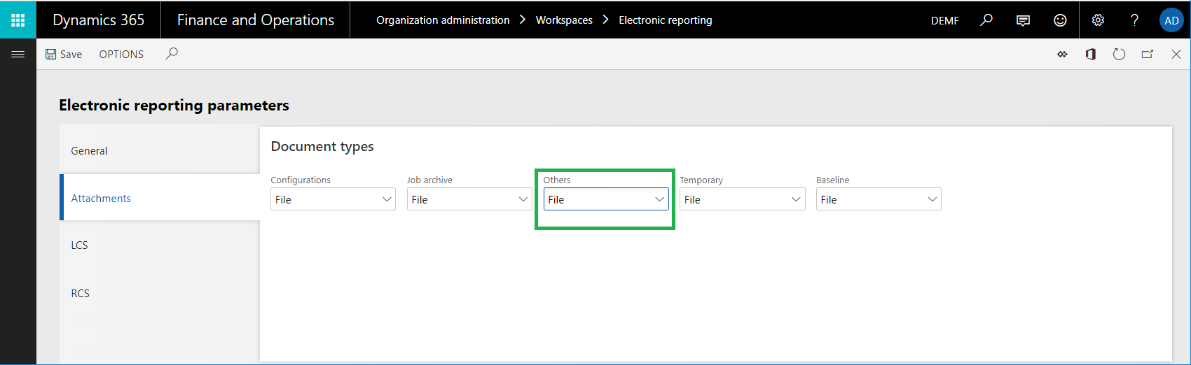 Electronic reporting parameters page.