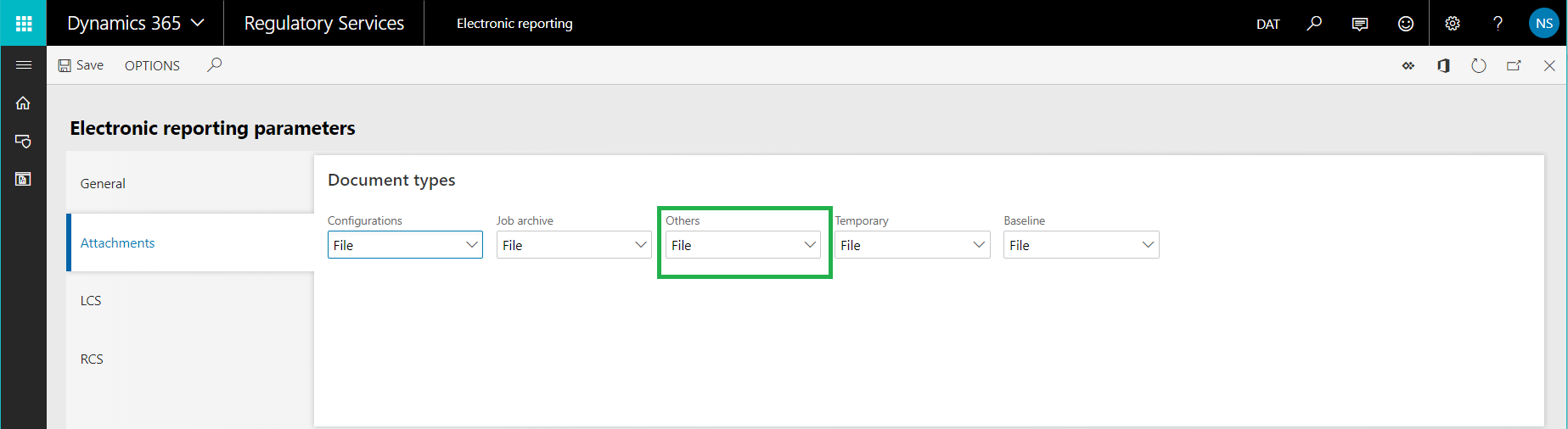 Electronic reporting parameters page in RCS.