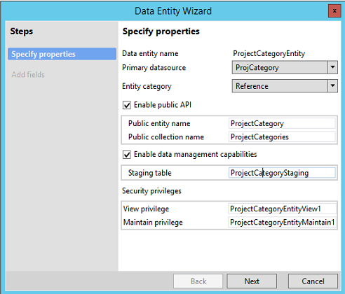 Specify properties page.