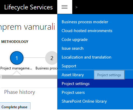 Project settings menu item.