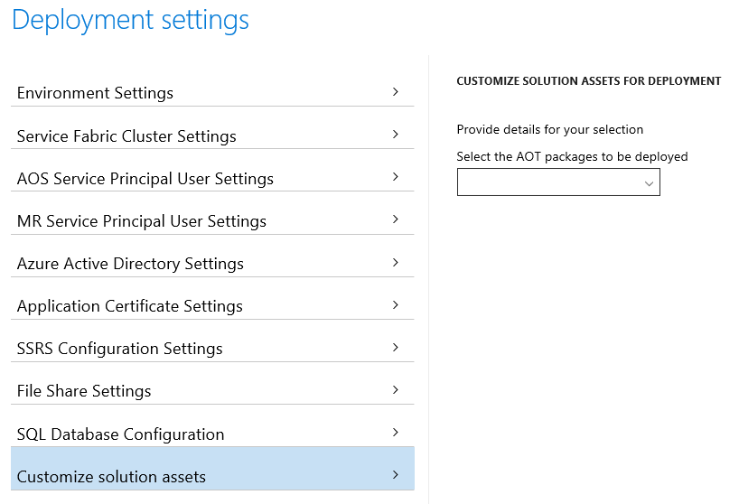 Deployment settings Customize solution assets tab.