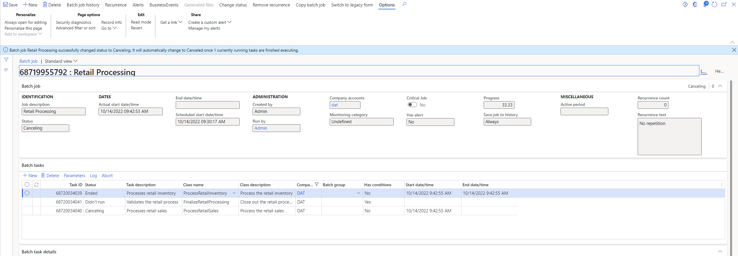 Screenshot of Canceled batch job and its tasks.
