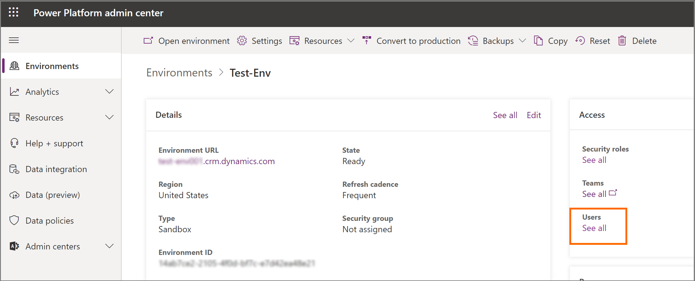 Environment details to access users Environment details to access users.