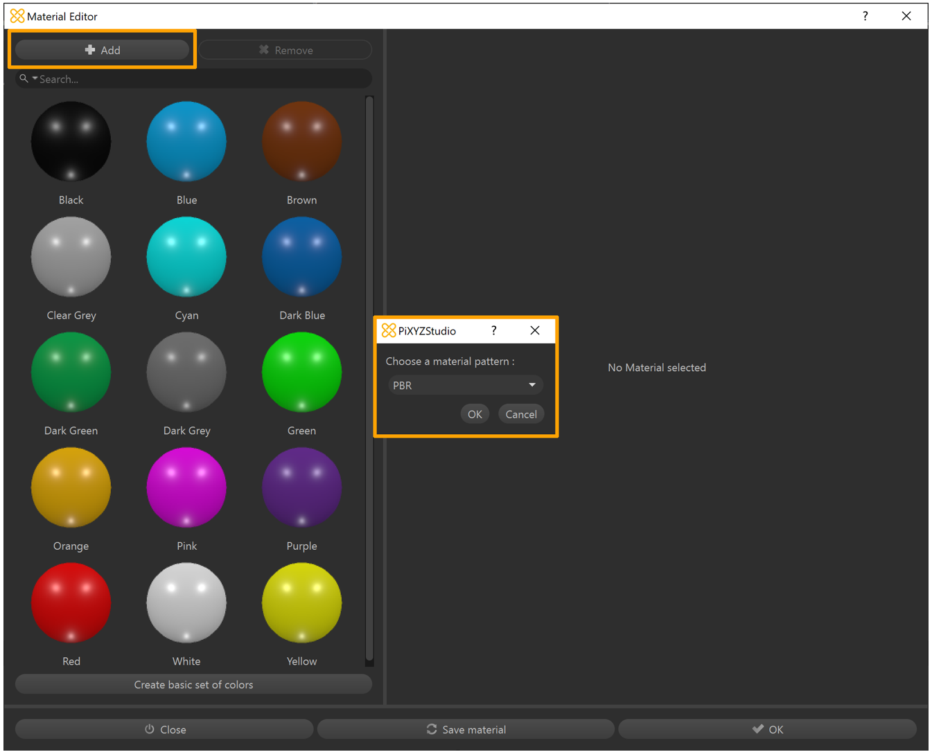 Material Editor window showing Choose a mterial pattern list Material Editor window showing Choose a mterial pattern list.