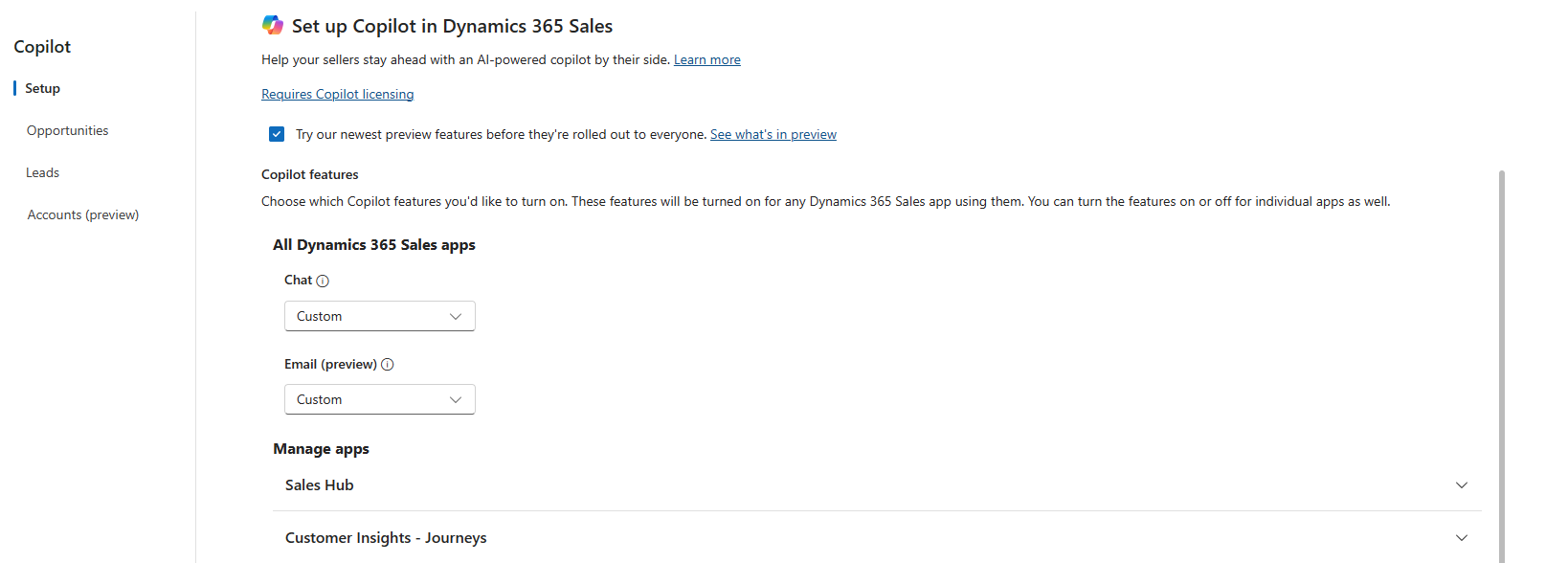 Στιγμιότυπο οθόνης της νέας σελίδας ρυθμίσεων στο Κέντρο πωλήσεων του Dynamics 365.